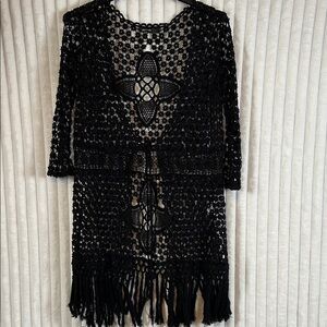 Origami by Vivian, crochet fringe hem long sleeve BoHo cardigan duster M